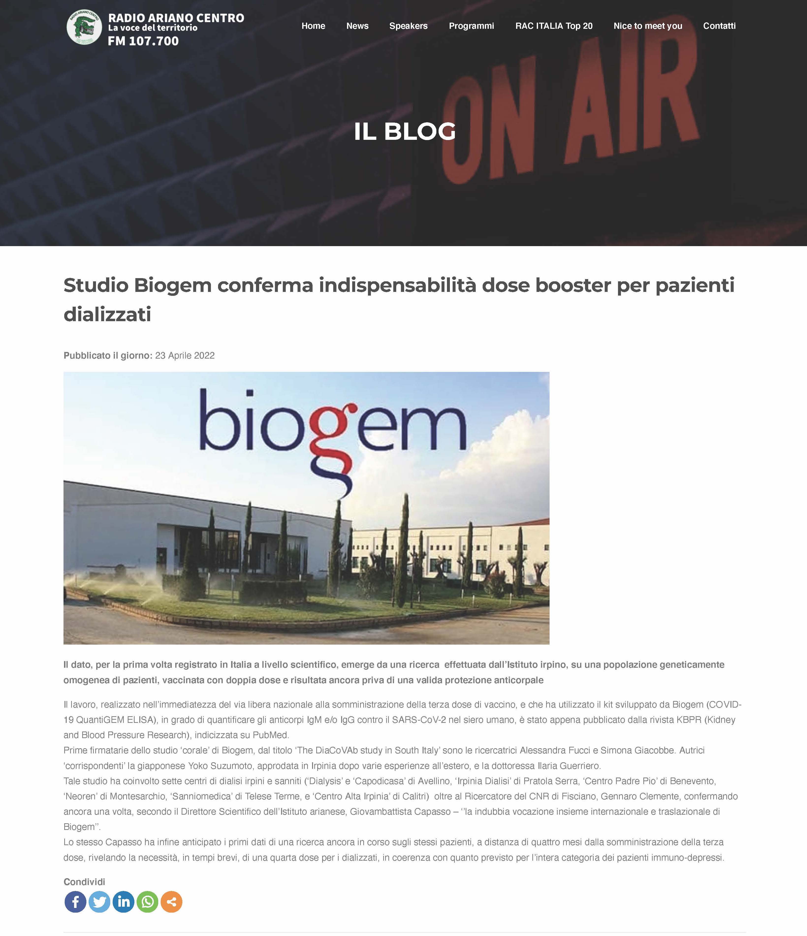 Studio Biogem conferma indispensabilità dose booster per pazienti dializzati
